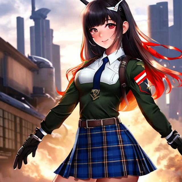 Prompt: full view, full body view, Futuristic military schoolgirl in dynamic pose, best quality, highres, dynamic, futuristic, military schoolgirl, wearing plaid skirt, professional, futuristic setting, dramatic lighting, war background