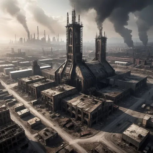 Prompt: sprawling demonic industrial cathedral, wasteland urban setting, populated by militaristic society