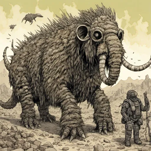 Prompt: lizard-like wooly mammoth creatures, desert setting, in <mymodel> style