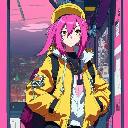 Prompt: girl with pink hair, oversized yellow bomber jacket <mymodel> 