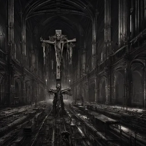 Prompt: sprawling demonic industrial cathedral, gruesome macabre crucifix, dystopic military setting, highres, ultra-detailed, macabre, horror, demonic, industrial, dystopic, military, detailed architecture, eerie atmosphere, haunting lighting