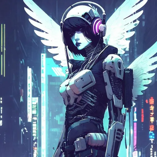 Prompt: illustration of an ethereal cyberpunk angel, comic style ((tokyo ghost, sean murphy)), headset, skeletal form, pastel goth, dynamic pose, detailed, stylized, 3d rendered background