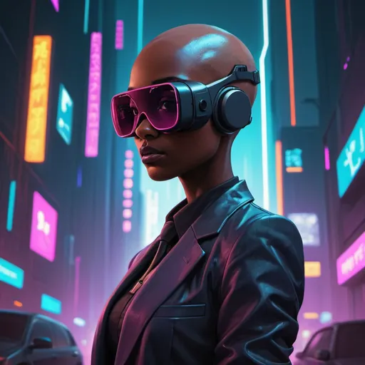 Prompt: cyberpunk, cute girl, dark skin, bald, VR headset, suit, highly stylized, detailed illustration, intense colors, futuristic, urban setting, digital art, retro-futuristic, high contrast, vibrant colors, gritty urban, professional artwork