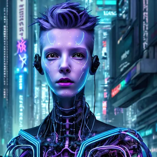 Prompt: Ethereal non-binary cyberpunk angel, slim body, sharp facial features, unisex hair style, digital art medium, mechanical wings, futuristic city backdrop, neon-lit urban landscape, high-tech prosthetics,  serene and powerful aura, detailed expression, best quality, highres, ultra-detailed, digital art, iridescent tones, futuristic, angelic, detailed features, professional, atmospheric lighting