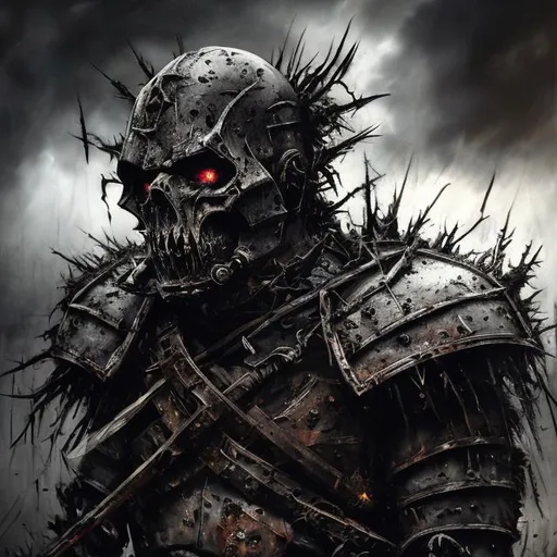 Prompt: Corrupted warrior, once noble, dark and gritty, oil painting, sinister atmosphere, intense gaze, worn armor, menacing aura, moody lighting, high contrast, detailed war paint, dramatic shadows, rough texture, high quality, oil painting, dark and gritty, intense gaze, menacing aura, moody lighting