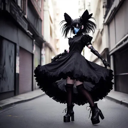 Prompt: anime Woman in a frilly black nylon dress, dynamic pose, hooded, wearing black face mask, black platform boots, urban street setting, high quality, detailed, urban fashion, mysterious atmosphere