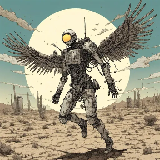 Prompt: levitating cyborg angel, desert wasteland setting, large sun background, in <mymodel> style