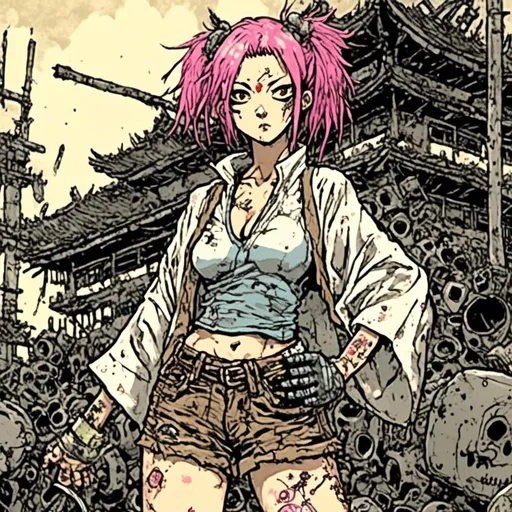 Prompt: Japanese samurai girl, pink hair, wearing a kimono and cutoff shorts, junkyard background, in <mymodel> style