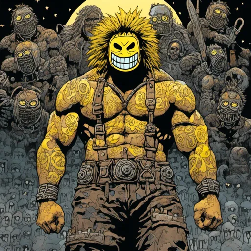 Prompt: full body view, Samoan man wearing a yellow smiley face mask, warrior, tattooed, muscular, big hair, nighttime arena background, in <mymodel> style
