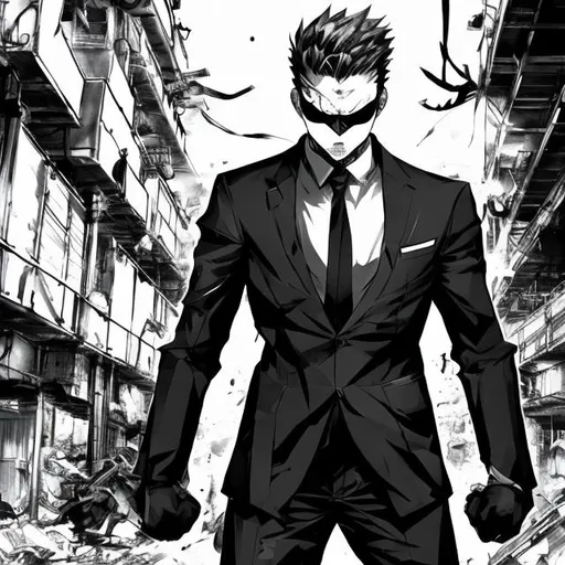 Prompt: manga illustration of a man in a black and white suit, dynamic pose, eyepatch, industrial warehouse setting, detailed design, intense expression, manga, dynamic, industrial setting, detailed hair, professional