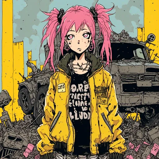 Prompt: woman with pink hair in two pigtails, wearing oversized yellow bomber jacket, kirby t-shirt, combat boots, nighttime setting, scrapyard background, in <mymodel> style