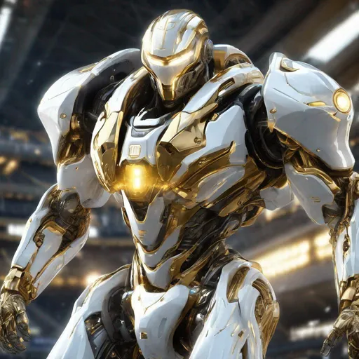 Prompt: Photorealistic illustration of a heroic pose, liquid metal mech suit, white and gold armor, weaponry, futuristic stadium setting, glowing internal core, high quality, futuristic, metallic sheen, heroic, detailed mechanics, stadium setting, stadium, liquid metal, glowing core, professional, realistic lighting