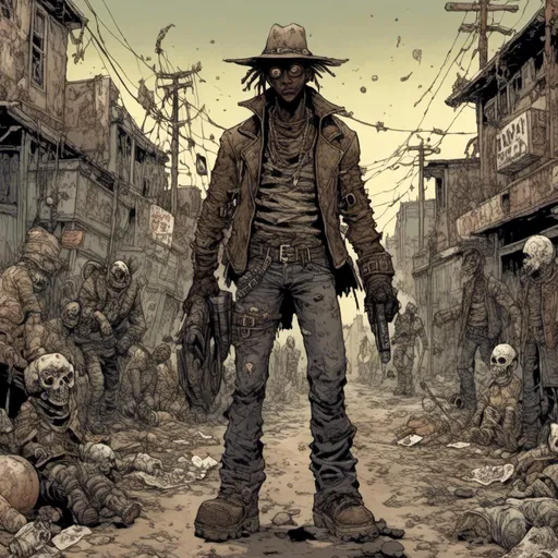 Prompt: mutant desperado, dark skin, cowboy hat, crowded wasteland city street, in <mymodel> style