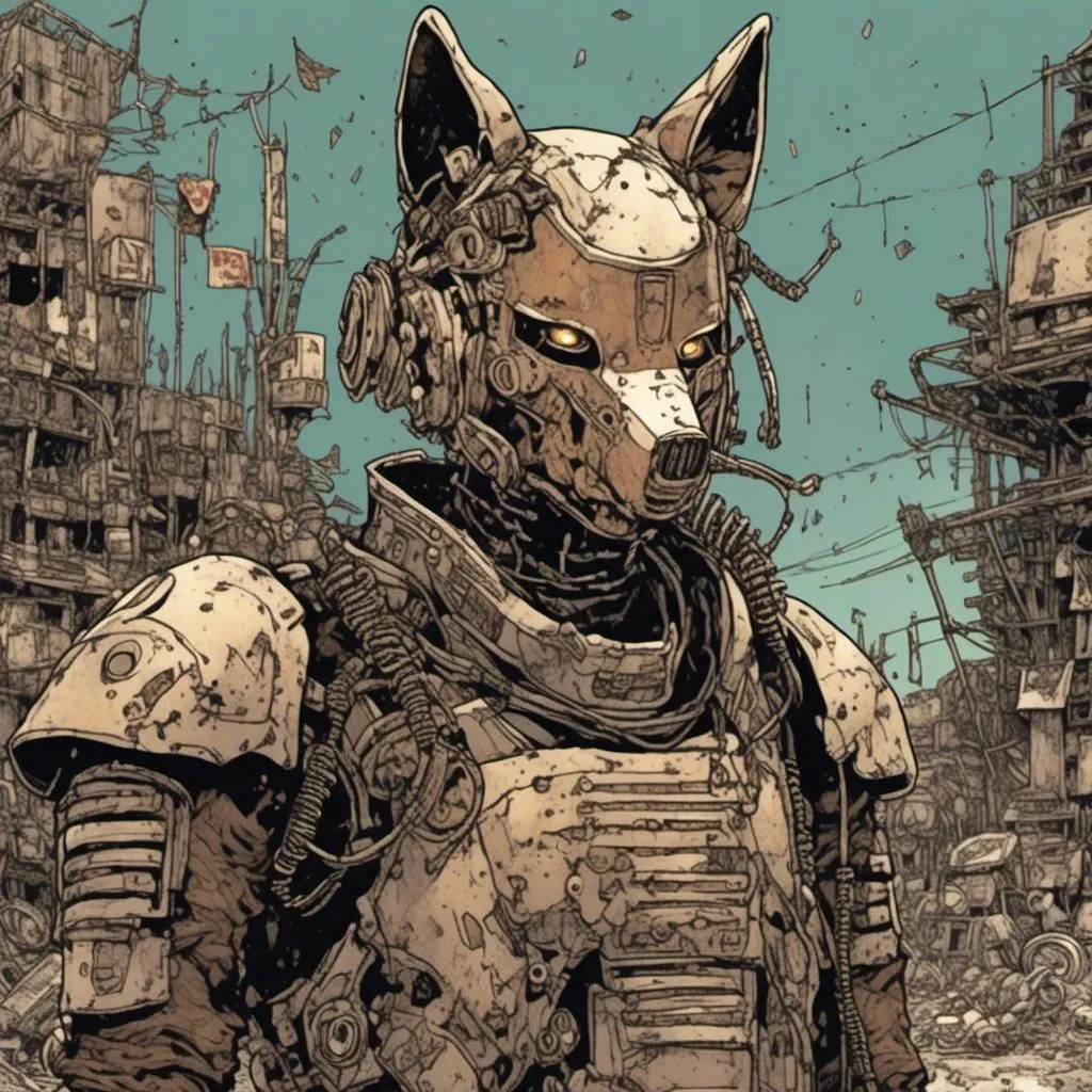 Prompt: Anime illustration of a cyborg with a metallic fox-shaped helmet and armor, junkyard setting, <mymodel> style, rusty metallic tones, scattered debris, intense and focused gaze, detailed mechanical parts, high-tech cybernetic enhancements, atmospheric lighting