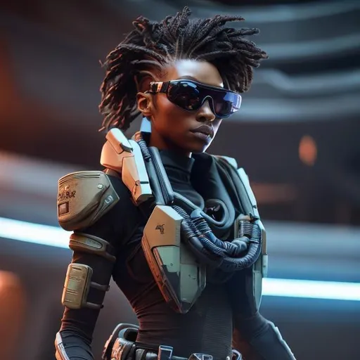 Prompt: Full body view, sleek brown-skinned woman, Apex Legends character, stylish shades, futuristic ammo belt, boots, ultra-detailed, cool tones, professional, futuristic fashion, standing in futuristic stadium, intense lighting, detailed facial features, high quality, cool-looking, futuristic, intense and focused gaze, sleek design, 4k, stylish, action-packed, intense atmosphere