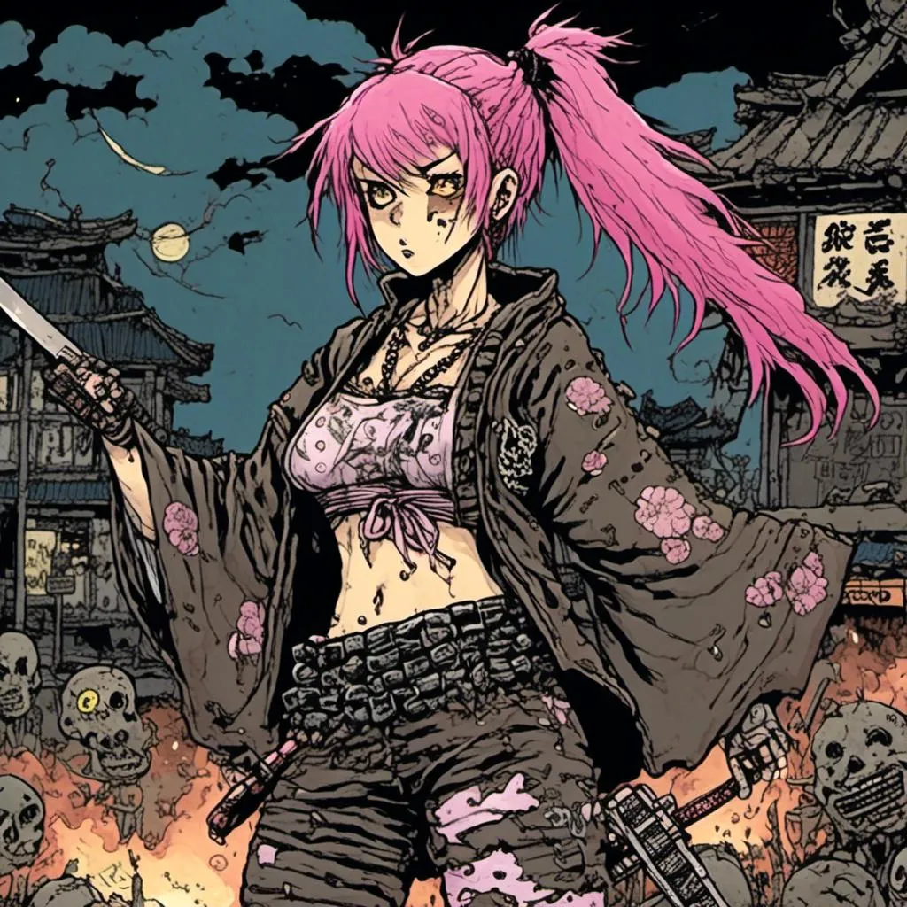 Prompt: punk rock samurai girl wearing a kimono, pink hair,  nighttime setting, junkyard background, in <mymodel> style