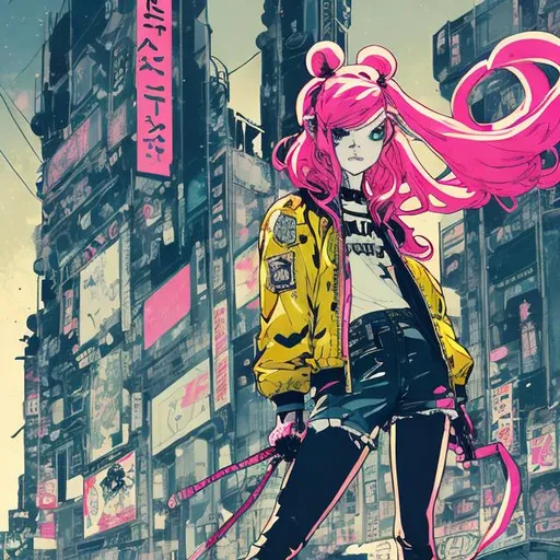 Prompt: illustration of a young woman with pink hair in two pigtails, comic style ((tokyo ghost, sean murphy)), yellow bomber jacket, black combat boots, dynamic pose, detailed, stylized, 3d urban background