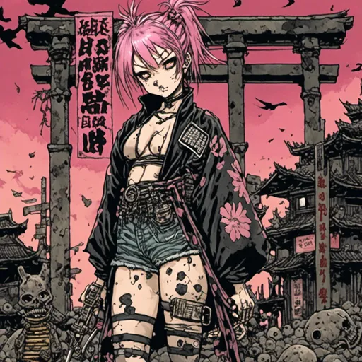 Prompt: punk rock samurai girl wearing a kimono, pink hair,  nighttime setting, junkyard background, in <mymodel> style