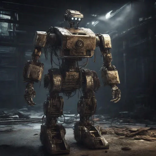 Prompt: Makeshift robot with piecemeal armor, gritty industrial setting, intense and dramatic lighting, high-tech details, post-apocalyptic, detailed circuitry, 3D rendering, dystopian, heavy shadows, high contrast, dramatic atmosphere