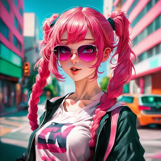Prompt: anime woman, pink hair with bangs in two braids, wearing sunglasses, dynamic pose, urban setting, cute anime art style