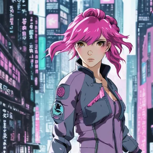 Prompt: ghost in the shell inspired, anime girl, pink hair, braids, bomber jacket, dynamic pose, urban setting
