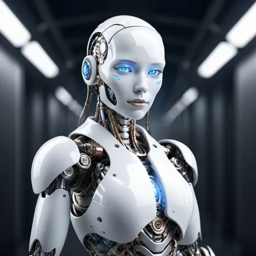 Prompt: complex 3D render of a beautiful porcelain robot, glowing blue diode eyes, athereal cyborg, 1 5 0 mm, anatomical, facial muscles, elegant, ultra detailed, metallic armor, octane render, depth of field, industrial backround