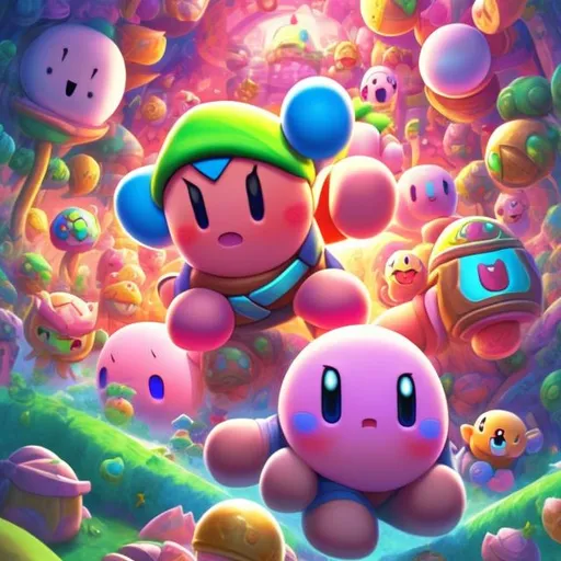 Prompt: Kirby and Link playing video games, vibrant and playful, 3D rendering, colorful environment, cheerful expressions, high quality, vibrant 3D rendering, playful and colorful, detailed environments, cute and charming, detailed character design