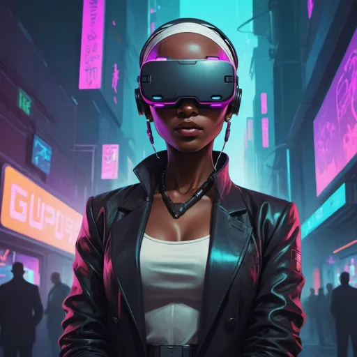 Prompt: cyberpunk, cute girl, dark skin, bald, headwrap, VR headset, suit, highly stylized, detailed illustration, intense colors, futuristic, urban setting, digital art, retro-futuristic, high contrast, vibrant colors, gritty urban, professional artwork