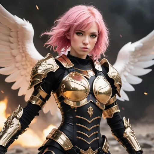 Prompt: Angelic warrior with gold and black armor, female, pink hair, badass, battlefield setting