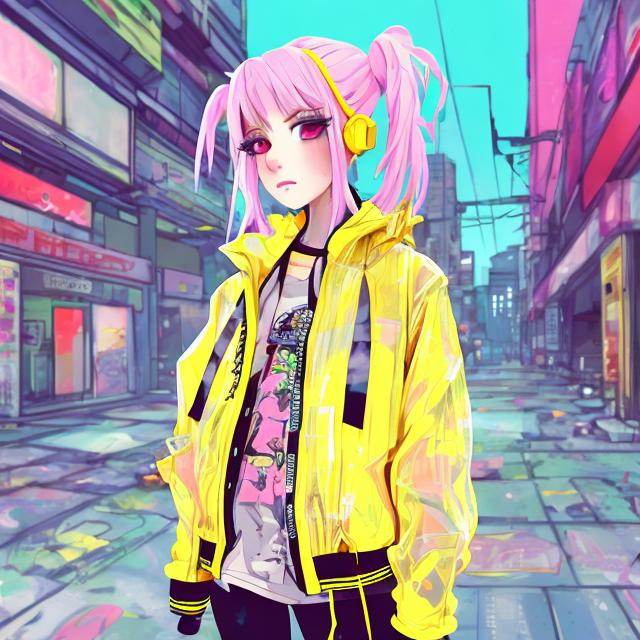 Prompt: illustration of an anime girl in a clear yellow jacket, pink hair with two pigtails, highly stylized, best quality, ruined urban background