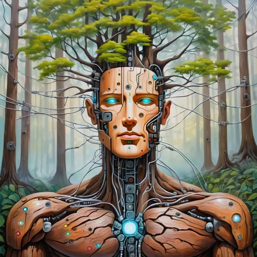 Prompt: fusion of nature and technology, a painting of a technology inspired tree in a forest, cables, wires, diodes, connected to the earth, male robotic face, bark, wood, chrome, metal