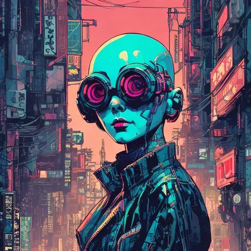 Prompt: Comic book style, cyberpunk, cute girl, bald, headwrap, sunglasses, suit, highly stylized, detailed illustration, intense colors, futuristic, urban setting, digital art, retro-futuristic, Tokyo Ghost style, Sean Murphy inspired, high contrast, vibrant colors, gritty urban, professional artwork