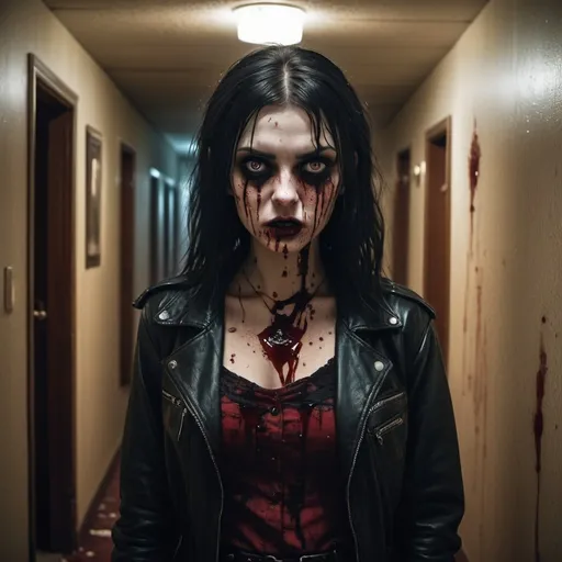 Prompt: Creepy axe-wielding goth girl in a motel hallway, eerie lighting, horror, dark tones, detailed facial features, gritty and unsettling, high quality, realistic, horror, dark, detailed eyes, blood splatters, vintage, atmospheric lighting