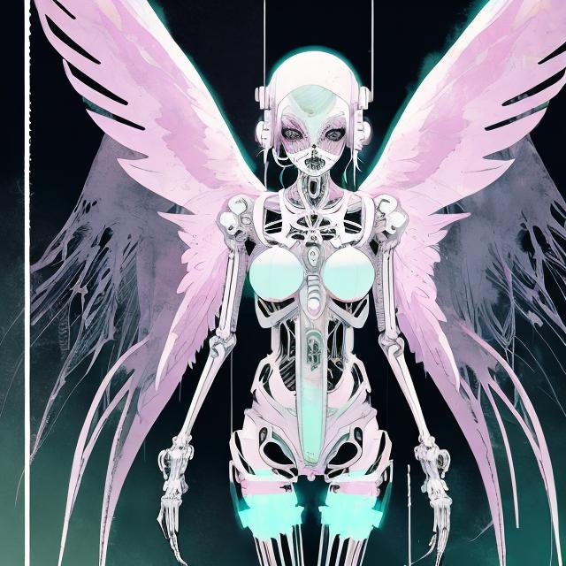 Prompt: illustration of a pastel cyber goth angel, comic style ((tokyo ghost, sean murphy)), skeletal form, pastel color scheme, ethereal glow, dynamic pose, detailed, stylized