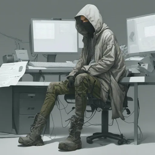 Prompt: digital art, <mymodel>male anime hacker assassin, grey clothes, futuristic office setting