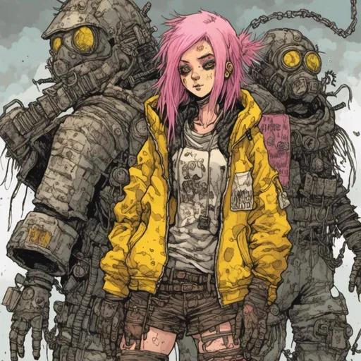 Prompt: wasteland ronin girl, oversized yellow jacket, pink hair, in <mymodel> style