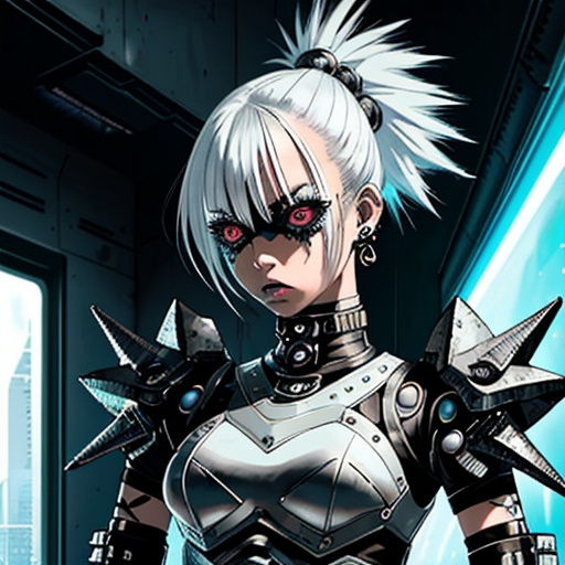 Prompt: Punk rock space warrior girl, lunar landscape, futuristic style, armor with punk rock accessories, edgy white hairstyle, best quality, futuristic, detailed armor, intense expression, edgy hairstyle, professional, futuristic apartment setting