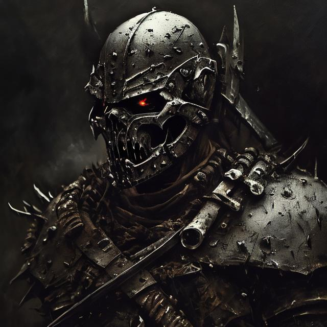 Prompt: Corrupted warrior, once noble, dark and gritty, oil painting, sinister atmosphere, intense gaze, worn armor, menacing aura, moody lighting, high contrast, detailed war paint, dramatic shadows, rough texture, high quality, oil painting, dark and gritty, intense gaze, menacing aura, moody lighting