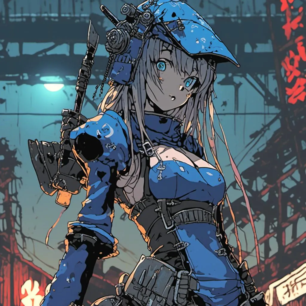 Prompt: Blue-skinned anime girl samurai, latex suit, traditional kasa hat, junkyard setting, 4k, ultra-detailed, <mymodel> style, futuristic junkyard, traditional-meets-futuristic, intense gaze, detailed eyes, sleek design, professional, atmospheric lighting, cool tones