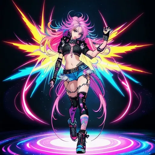 Prompt: standing, full view, full body view, realistic illustration of a cute anime girl popstar who is also a warrior, punk style street clothes, vibrant colors, multicolor hair, detailed eyes, flowing hair, dynamic pose, 4k, ultra-detailed, anime, vibrant, detailed eyes, flowing hair, cosmic background, professional, atmospheric lighting