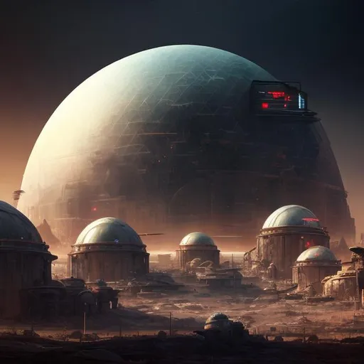 Prompt: Sci-fi illustration of domed farms in a dystopic wasteland, 4k, ultra-detailed, dystopian, sci-fi, futuristic, domed farms, barren wasteland, desolate landscape, high-tech agriculture, apocalyptic setting, futuristic technology, atmospheric lighting, cool tones, advanced farming, futuristic domes, technological desolation, professional, industrial sci-fi aesthetic
