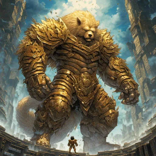 Prompt: <mymodel>Heroic ursine-like demigod, digital art, majestic fur with golden highlights, towering physique, radiant golden divine aura, epic battle scene, mythical fantasy, high quality, epic fantasy, majestic, divine glow, powerful stance, heroic, golden fur, ultra-detailed, digital painting, vibrant colors, dramatic lighting