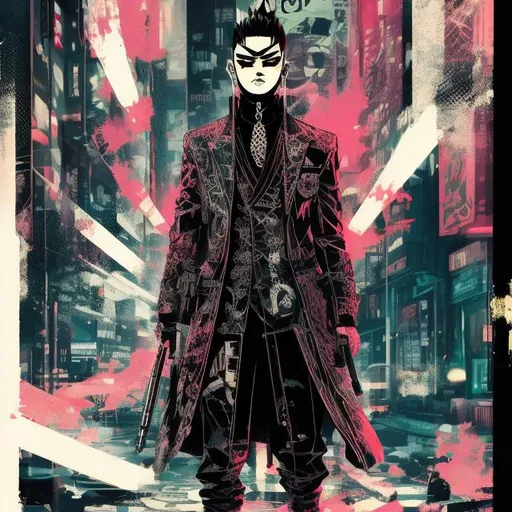 Prompt: goth yakuza boss male, full body view, comic style((tokyo ghost, sean murphy)), mask, suit, cute, highly stylized artstyle, messy abstract background, wide view, digital illustration, ultra hd, extreme long shot, telephoto lens, motion blur, wide angle lens, deep depth of field, deep blue color scheme, pastel color scheme