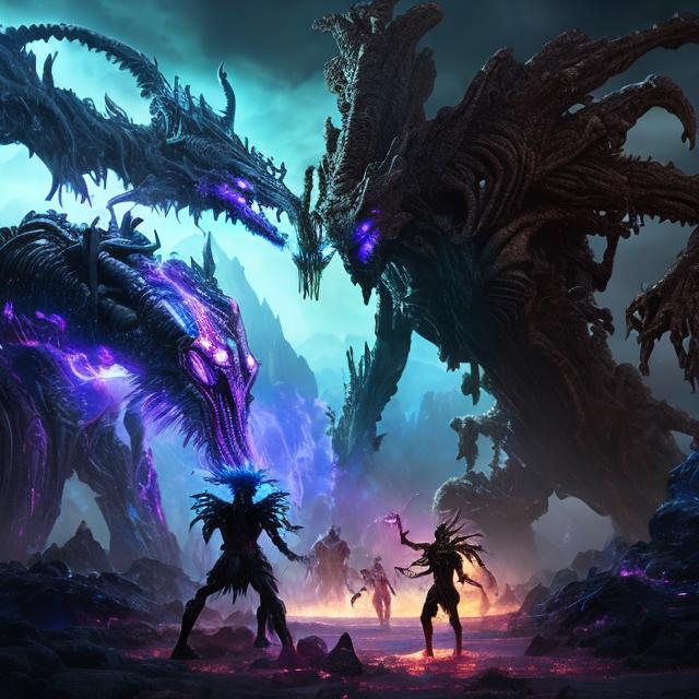 Prompt: Epic fantasy scene of futuristic warriors fighting a cosmic godlike creature, lush alien flora, high-tech weaponry, mystical energy effects, ultra HD detail, fantasy art, dynamic lighting, futuristic, alien flora, high-tech weaponry, cosmic godlike creature, mythical energy effects, epic fantasy, dynamic lighting