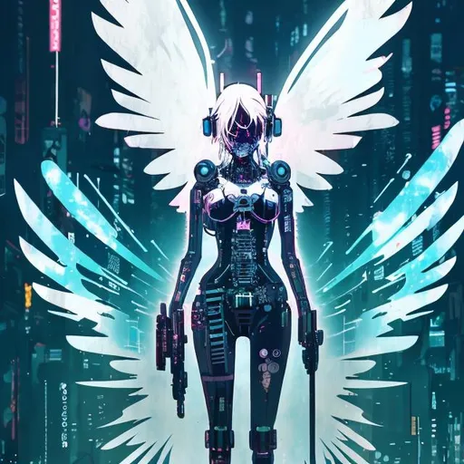 Prompt: ethereal cyberpunk angel, full body view, comic style((tokyo ghost, sean murphy)), vr headset, skeletal form, cute, highly stylized artstyle, messy abstract background, wide view, digital illustration, ultra hd, extreme long shot, telephoto lens, motion blur, wide angle lens, deep depth of field, deep blue color scheme, pastel color scheme