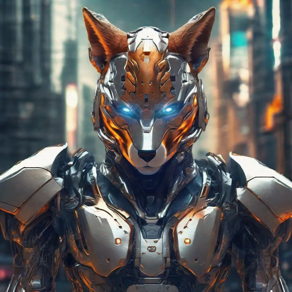 Prompt: Cyborg warrior with fox-shaped armor, metallic sheen, futuristic urban setting, intense and focused gaze, high-tech details, detailed metallic textures, cybernetic enhancements, cool tones, atmospheric lighting, best quality, ultra-detailed, sci-fi, cyberpunk, fox-shaped armor, futuristic, intense gaze, high-tech details