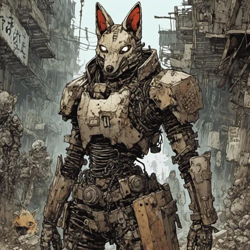 Prompt: anime cyborg, metallic fox-shaped helmet, armor, junkyard setting, in <mymodel> style