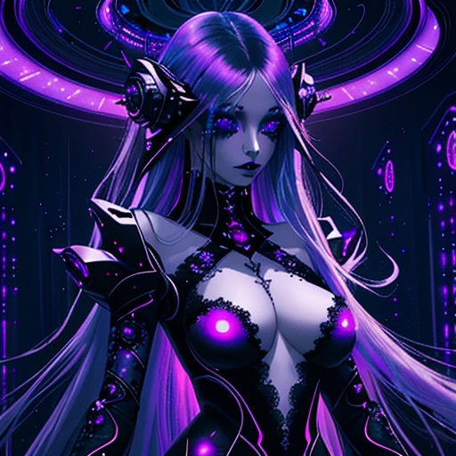 Prompt: Emo space princess, indoor setting, digital art,  futuristic gothic aesthetic, ethereal, cool purples and blacks, detailed lace and velvet textures, long flowing hair, piercing gaze, cosmic background, galaxy-inspired makeup, best quality, highres, digital art, gothic, futuristic, ethereal lighting, detailed textures, cosmic vibes