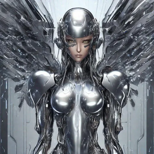 Prompt: liquid metal anime angel cyborg, cyberspace background