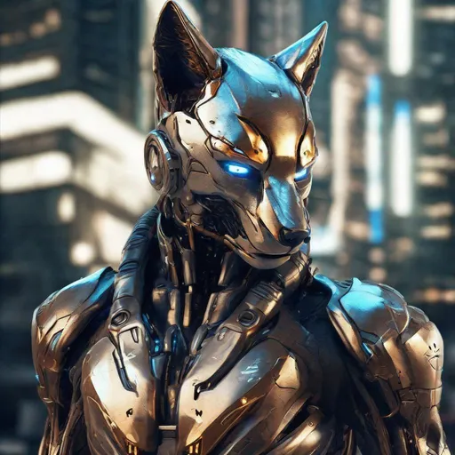 Prompt: Cyborg warrior with fox-shaped armor, metallic sheen, futuristic urban setting, intense and focused gaze, high-tech details, detailed metallic textures, cybernetic enhancements, cool tones, atmospheric lighting, best quality, ultra-detailed, sci-fi, cyberpunk, fox-shaped armor, futuristic, intense gaze, high-tech details